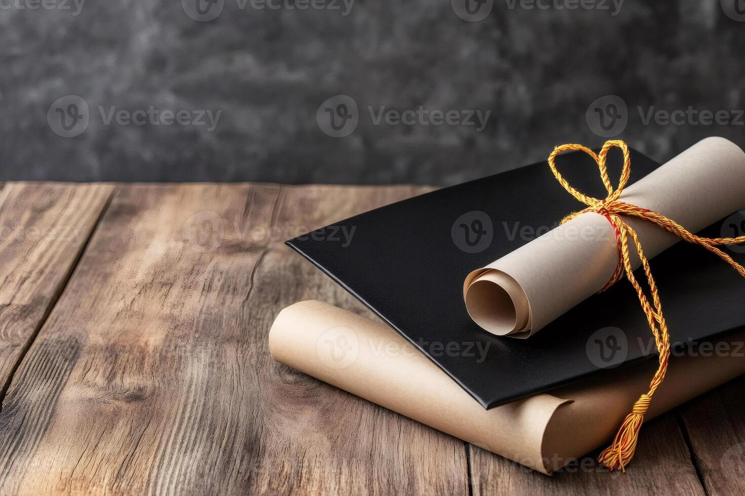 Graduation hat and diploma resting on rustic wooden table photo
