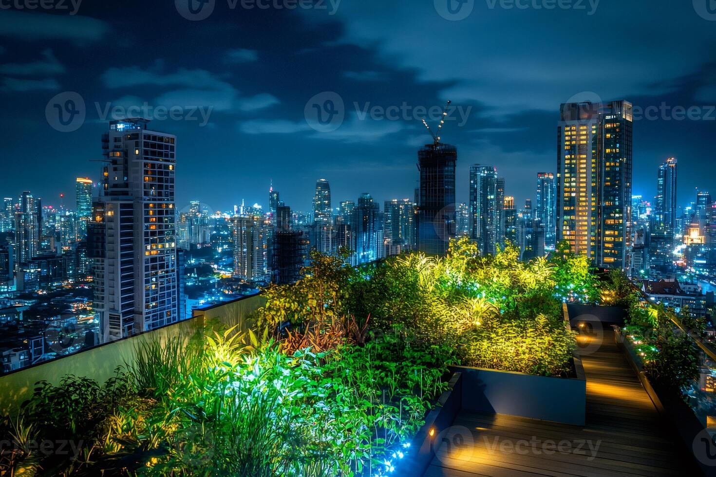 Rooftop garden offering stunning view of illuminated cityscape at night photo