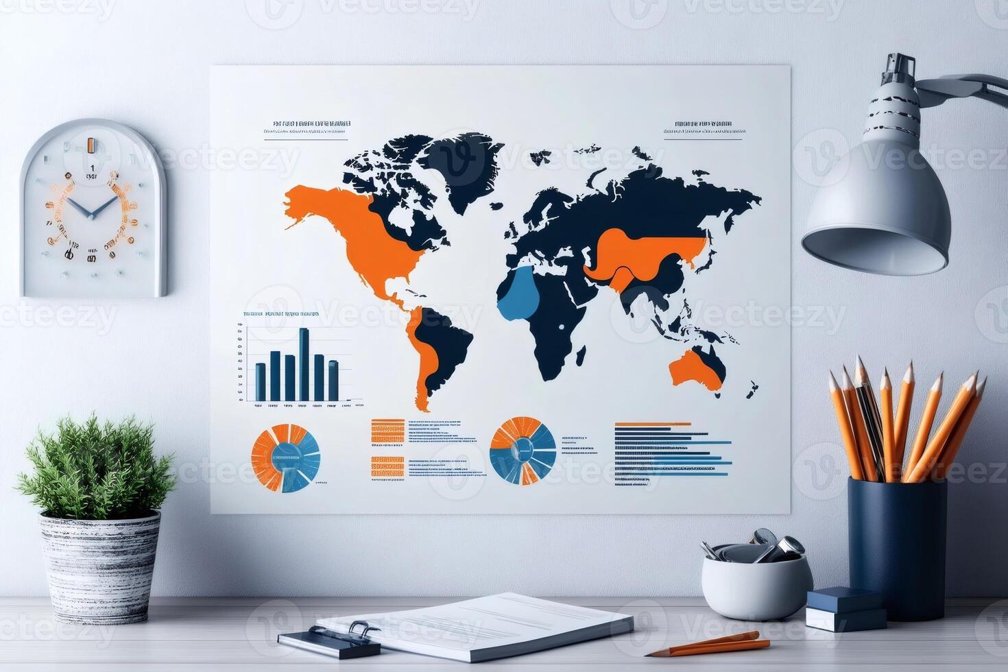 World map and infographics hanging on office wall, analyzing global trends photo