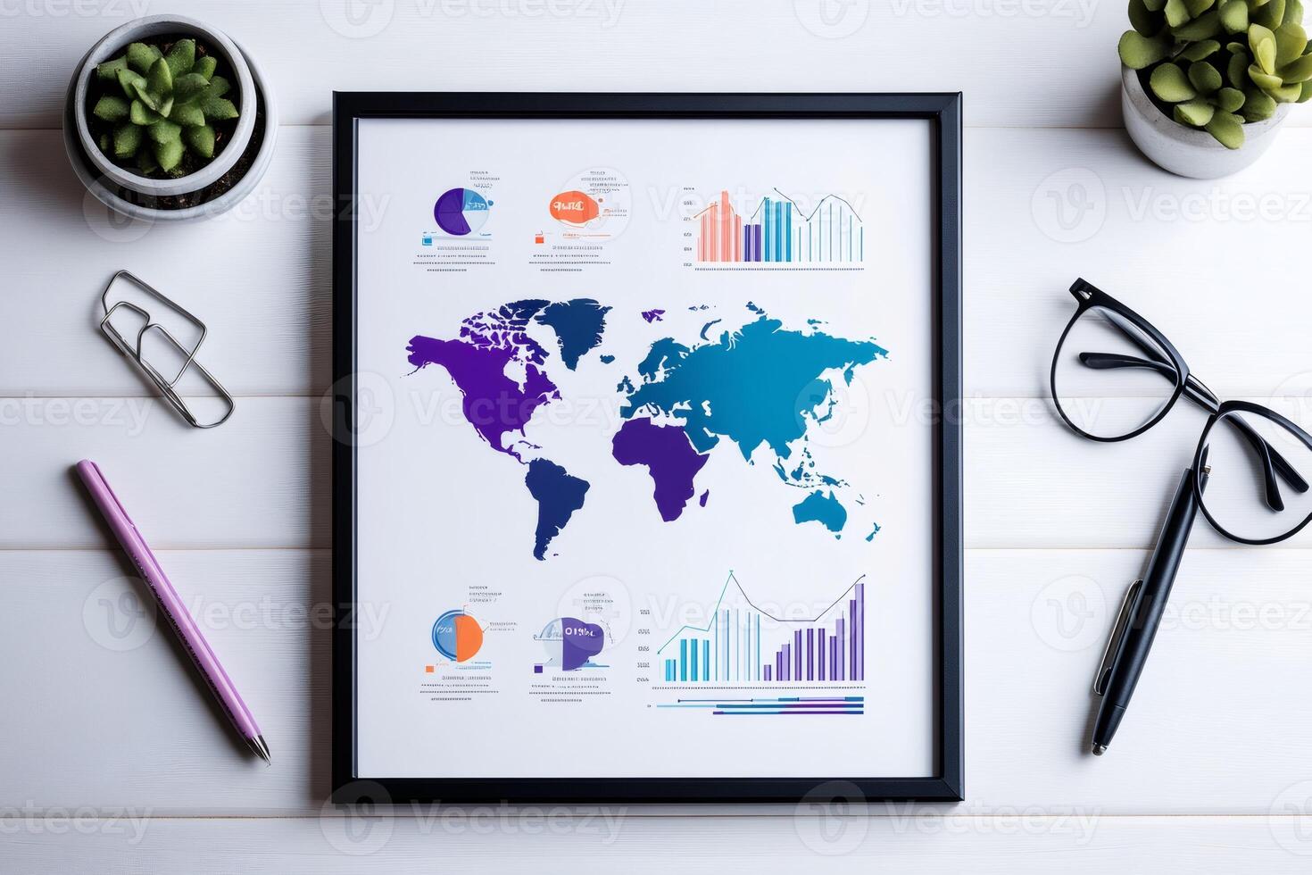 Global business strategy planning using world map and data charts photo