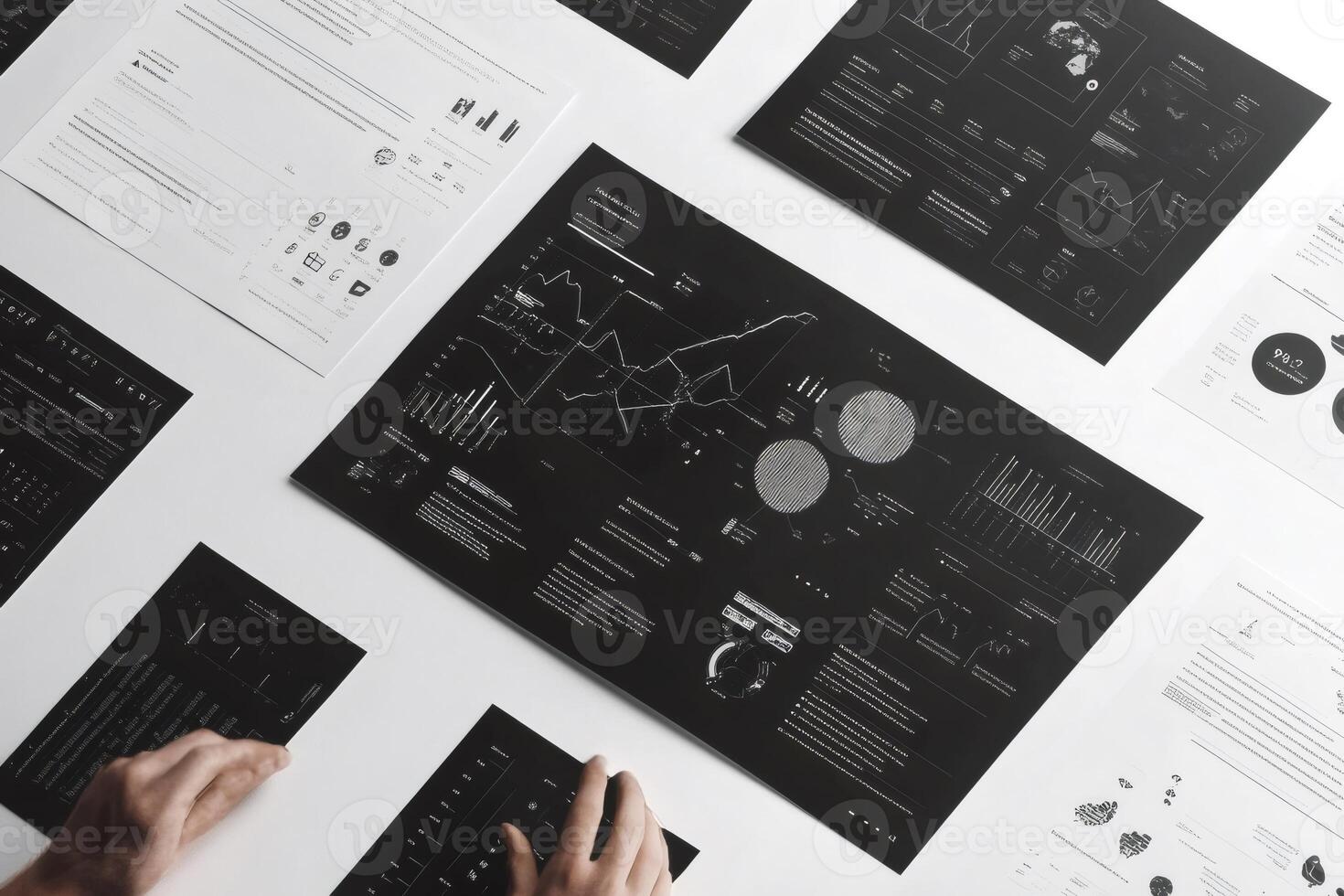 Businessman analyzing graphs and charts on white table photo