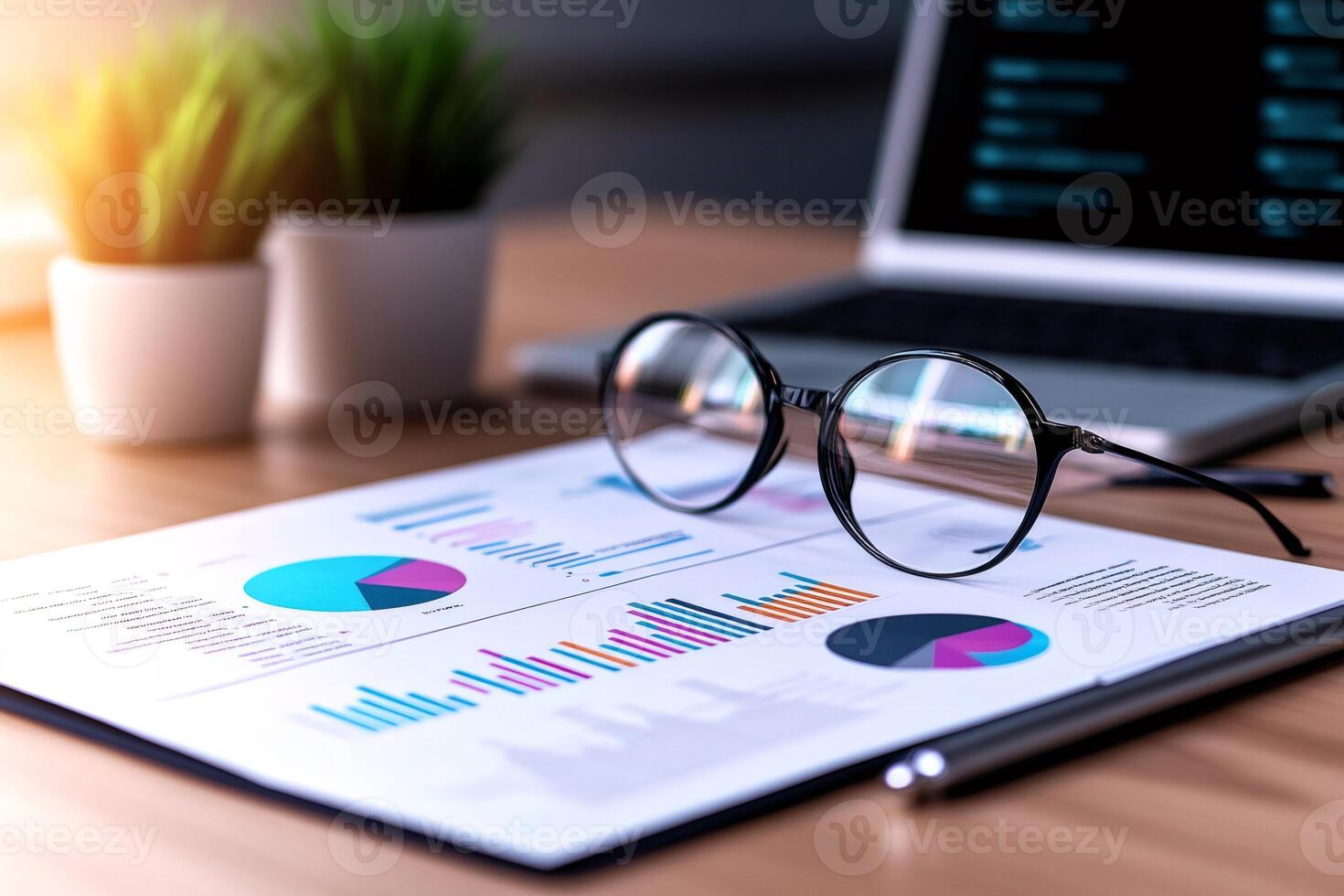 Eyeglasses resting on financial report with charts and laptop in background photo