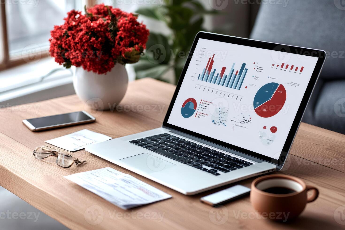 Laptop showing statistics charts on work desk with coffee and mobile phone photo