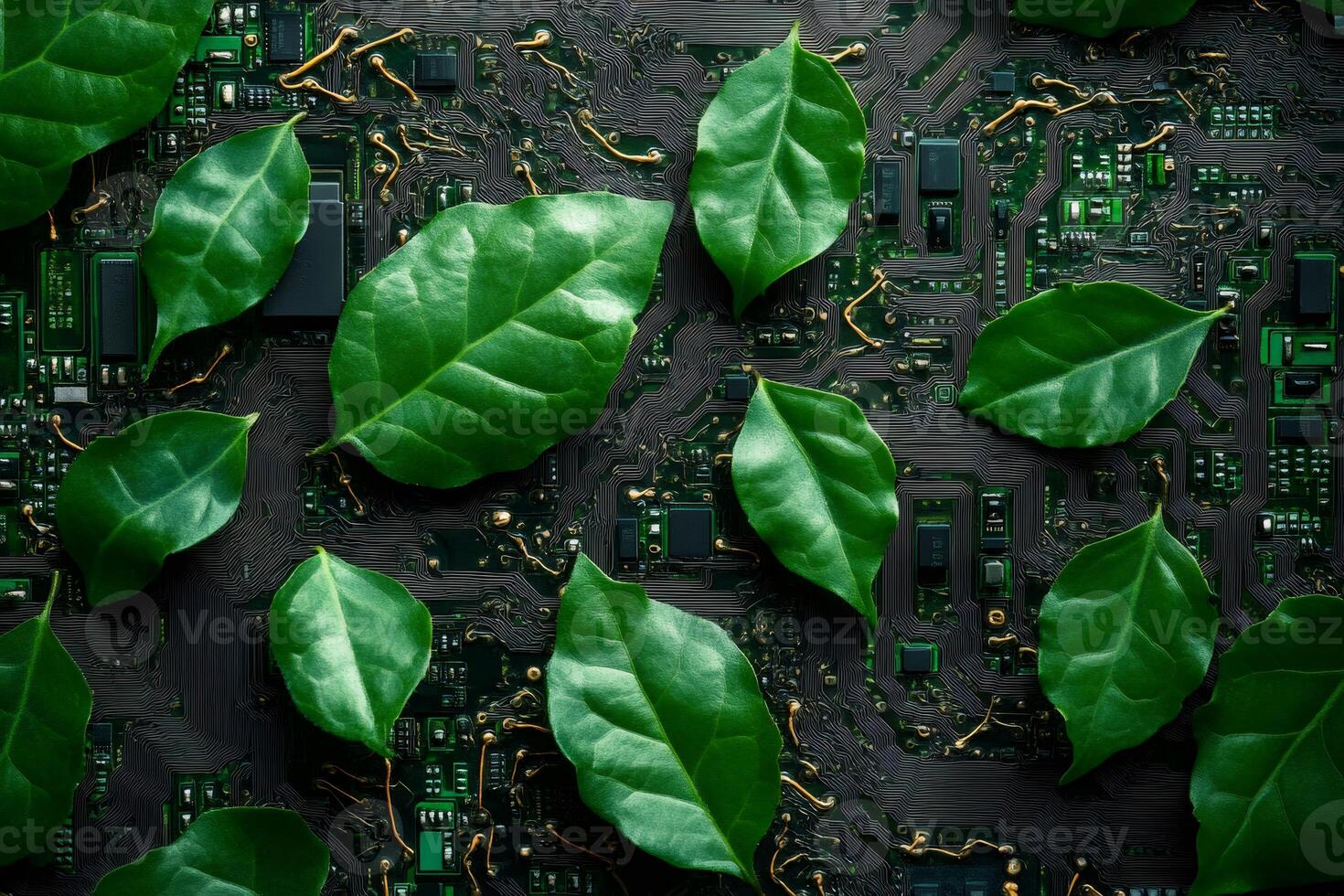 Green leaves growing on computer motherboard promoting sustainable technology photo