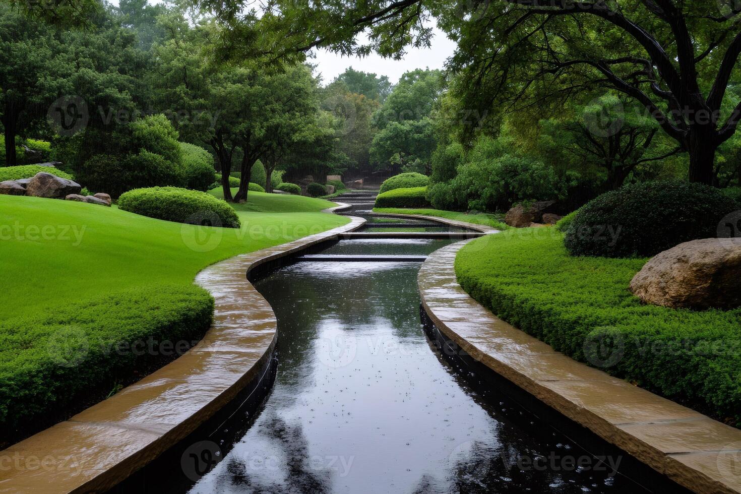 Rain falling on a winding stream in a lush green park photo