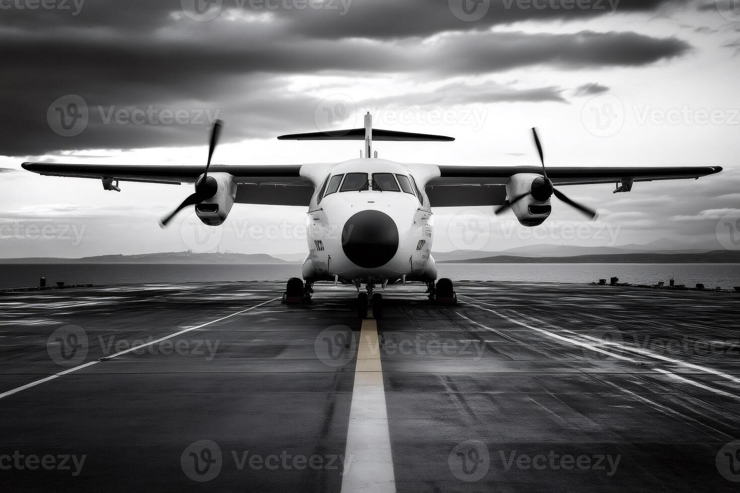 Turboprop airplane parked on airstrip under cloudy sky photo