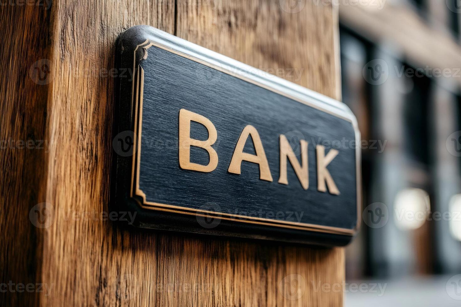 Elegant bank sign displayed on wooden surface with blurred building in background photo