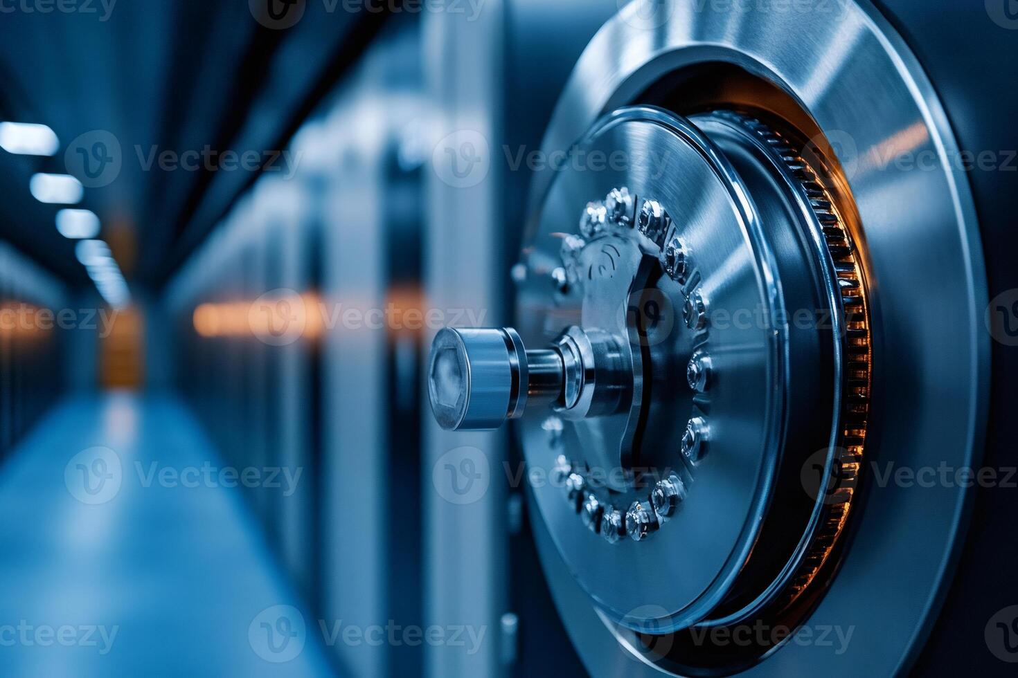 Combination lock securing vault door in data center with blue light photo