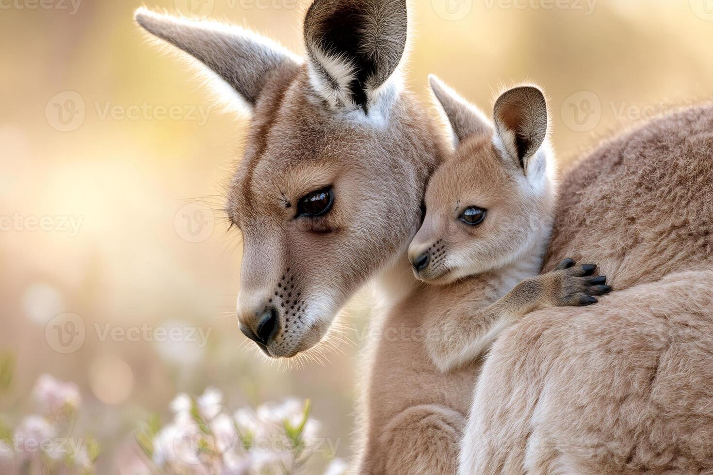Kangaroo mother embracing joey in australian outback at sunset photo