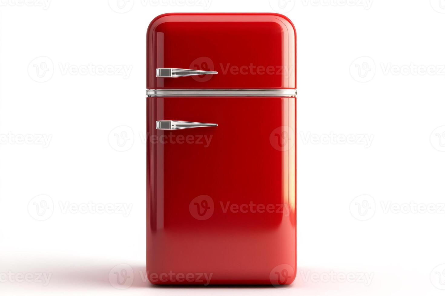 Shiny red refrigerator standing on white background photo
