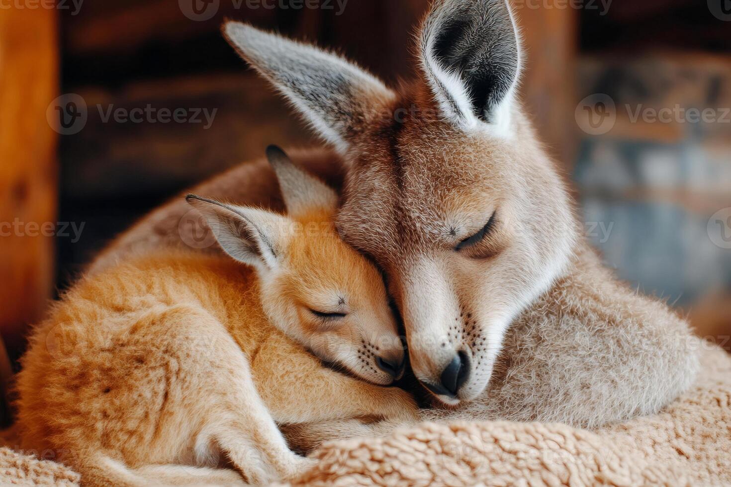 Mother kangaroo embracing and sleeping with her baby joey photo