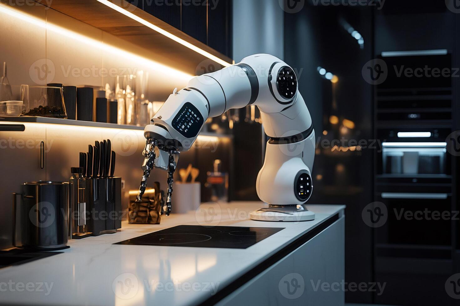 Robotic arm performing tasks in a modern kitchen photo