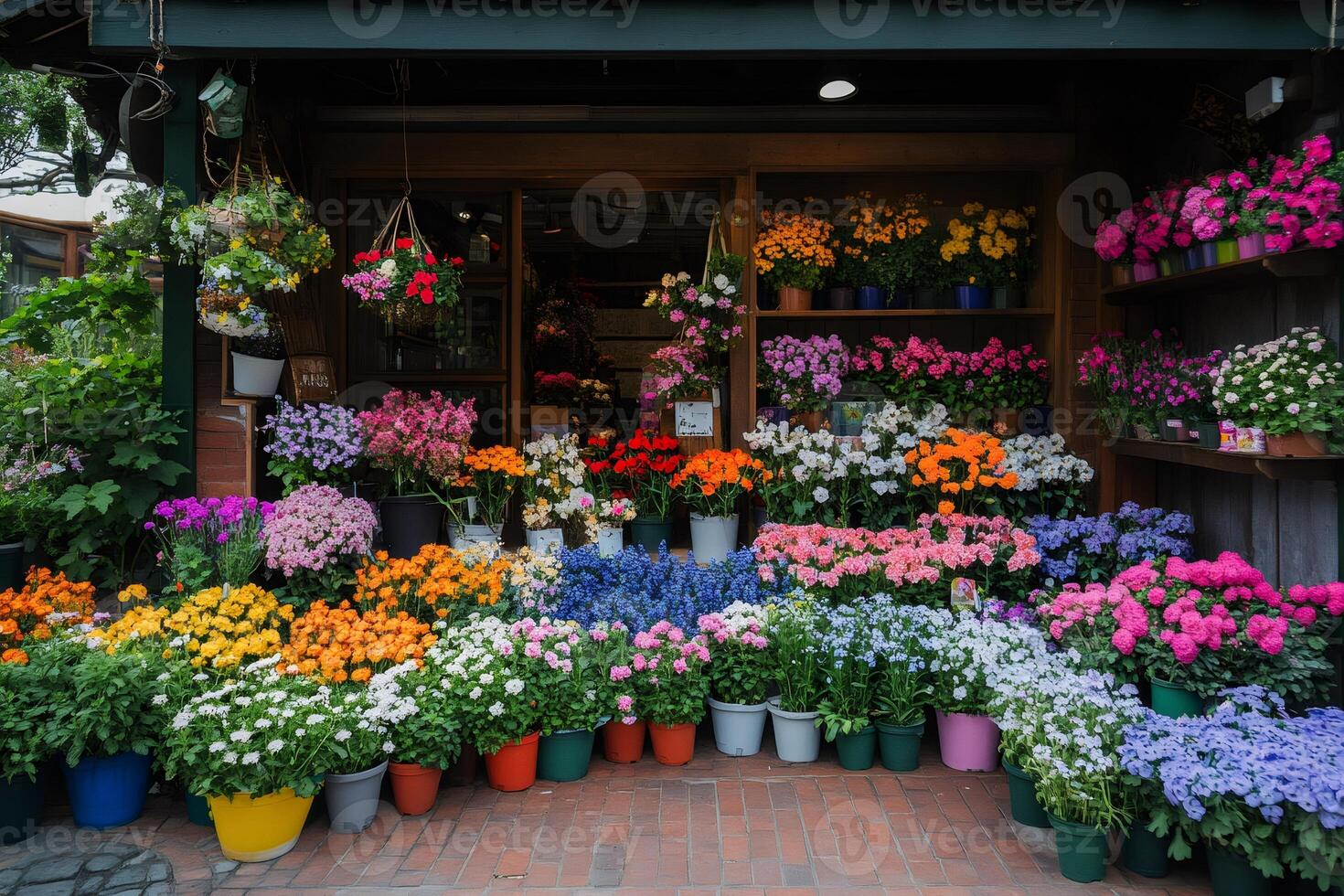 Flower shop displaying colorful blooming plants in pots and hanging baskets photo