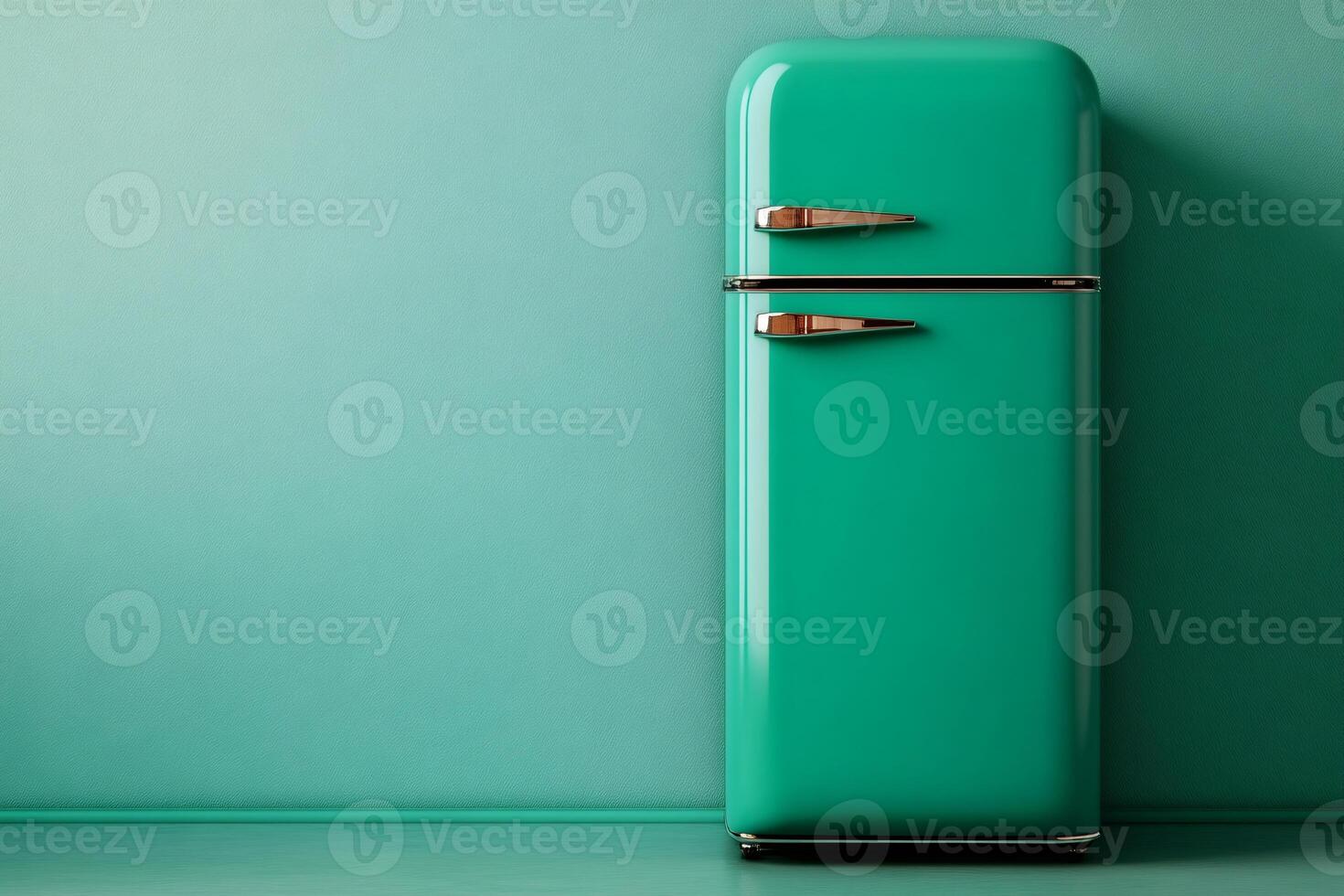 Turquoise retro refrigerator standing in a room with matching walls and floor photo