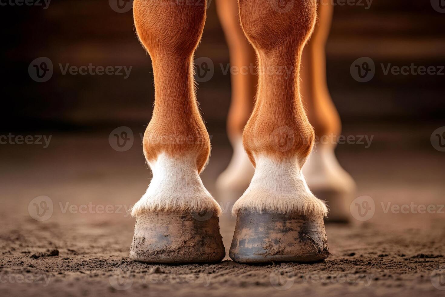 Chestnut horse standing on dirt ground showing hooves and fetlocks photo
