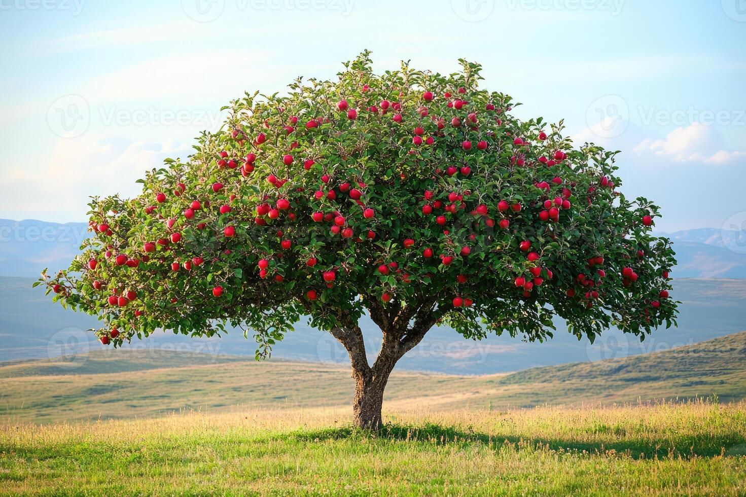 Lonely apple tree full of red ripe apples growing in the sunny countryside photo