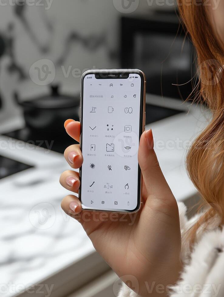 Woman holding smartphone using smart home application controlling devices photo