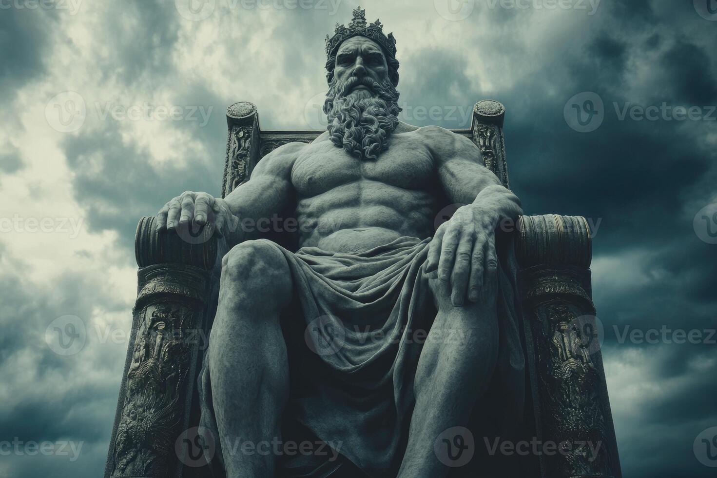 Zeus, god of the sky and thunder, sitting on his throne ruling on mount olympus photo