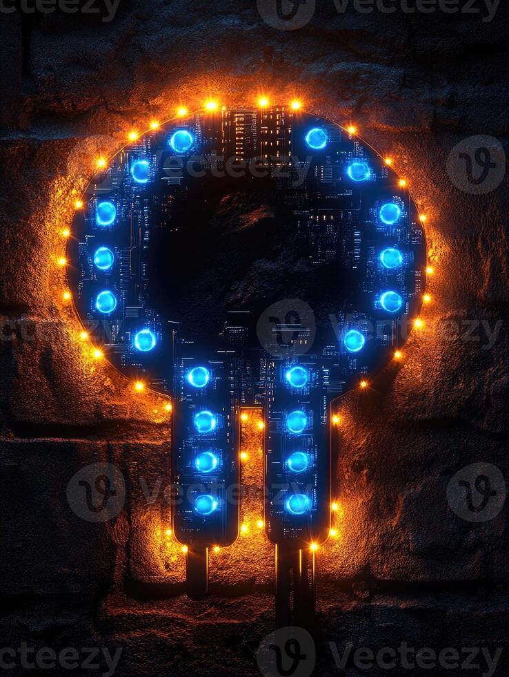 Futuristic neon sign glowing on a brick wall photo