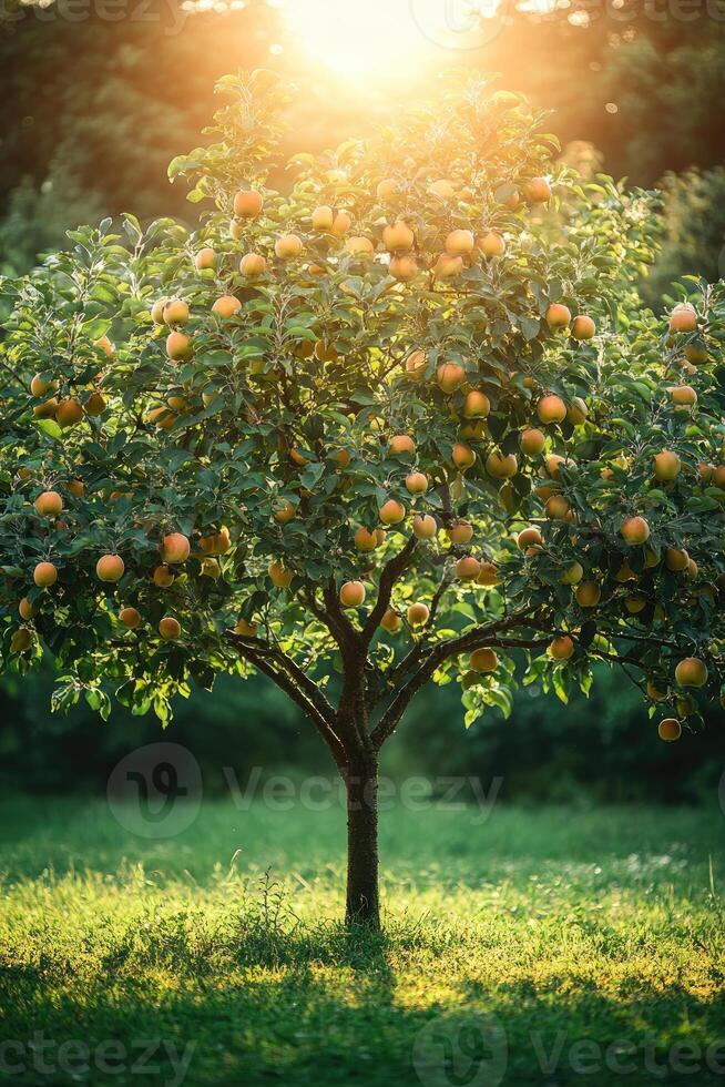 Apple tree full of fruits ripening at sunset in an orchard photo