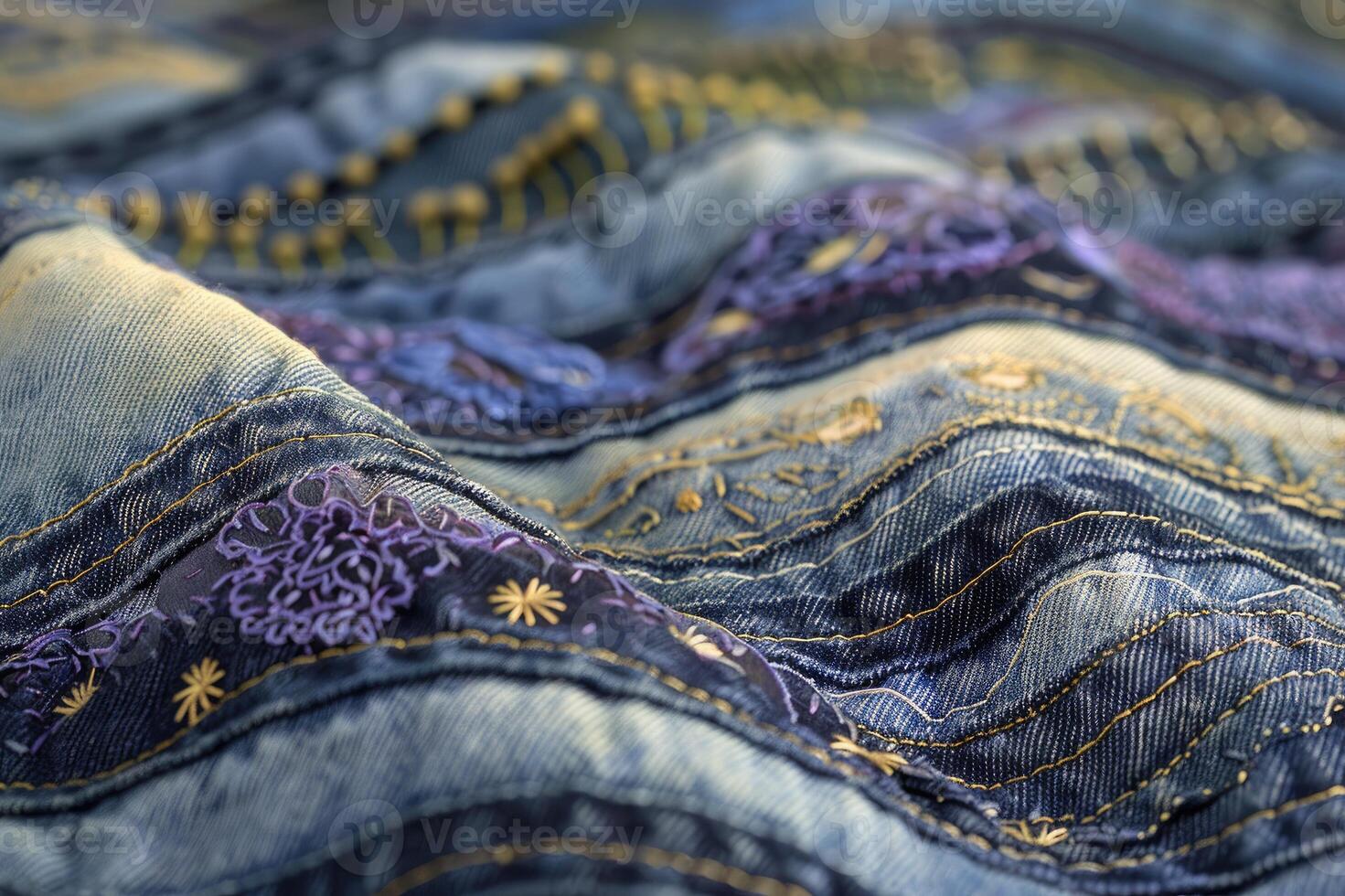 Blue denim fabric with embroidery forming abstract wavy pattern photo