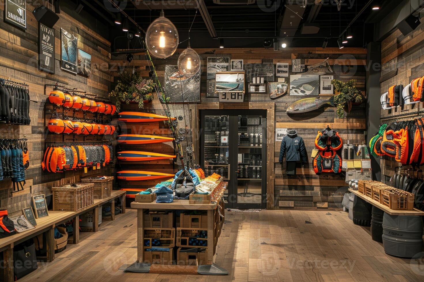 Modern fishing store interior design with kayaks and accessories for sale photo