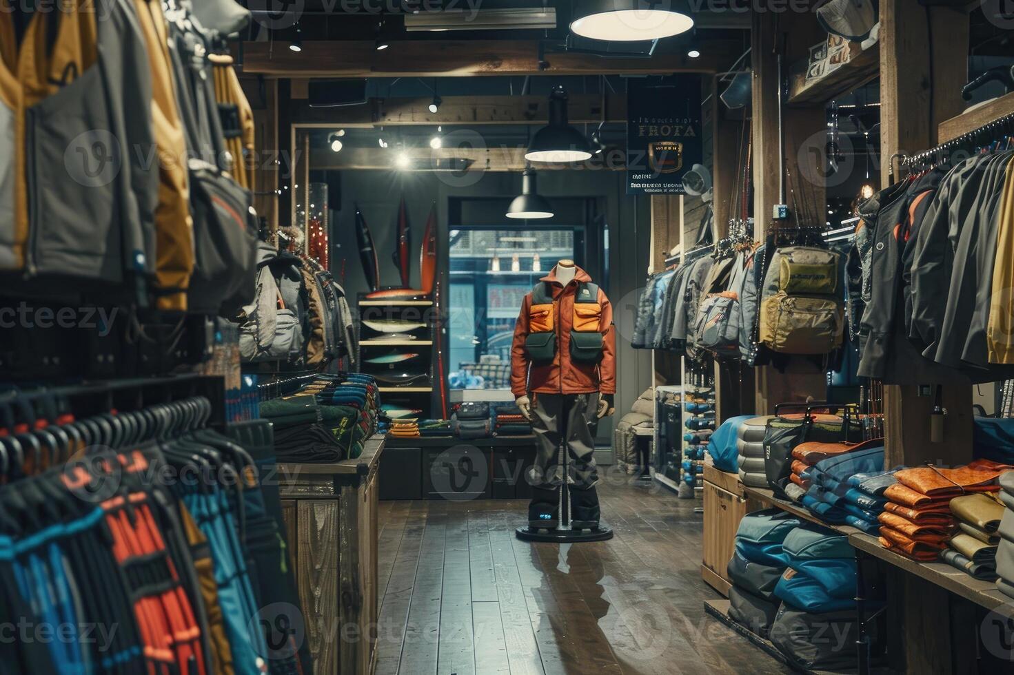 Small outdoor clothing and backpacks shop interior with wooden walls.. . photo