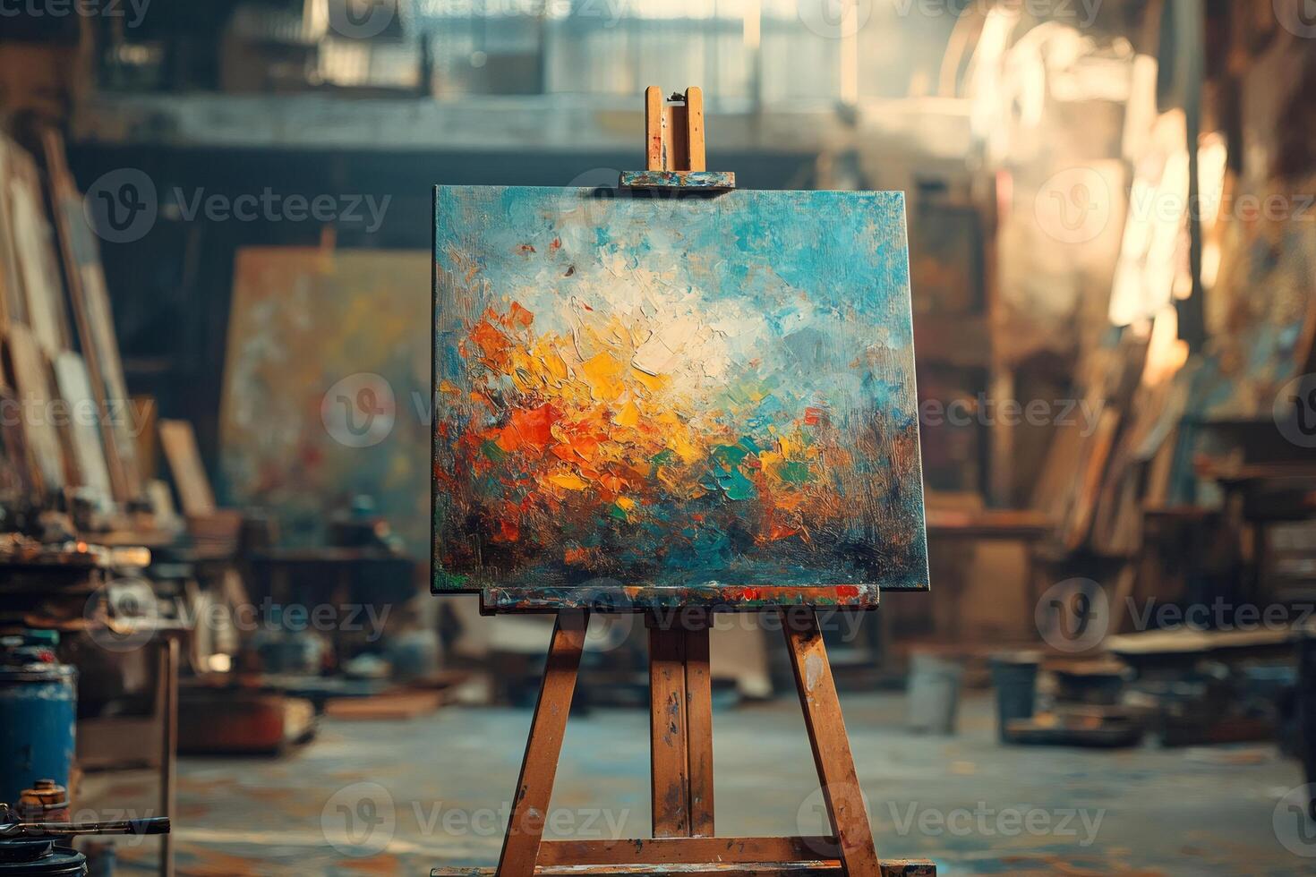 Colorful abstract painting resting on easel in art studio photo