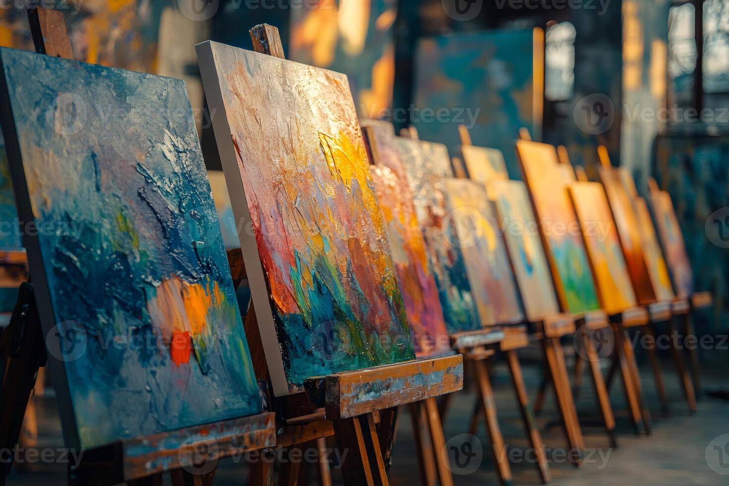 Colorful abstract paintings drying on easels in an art studio photo