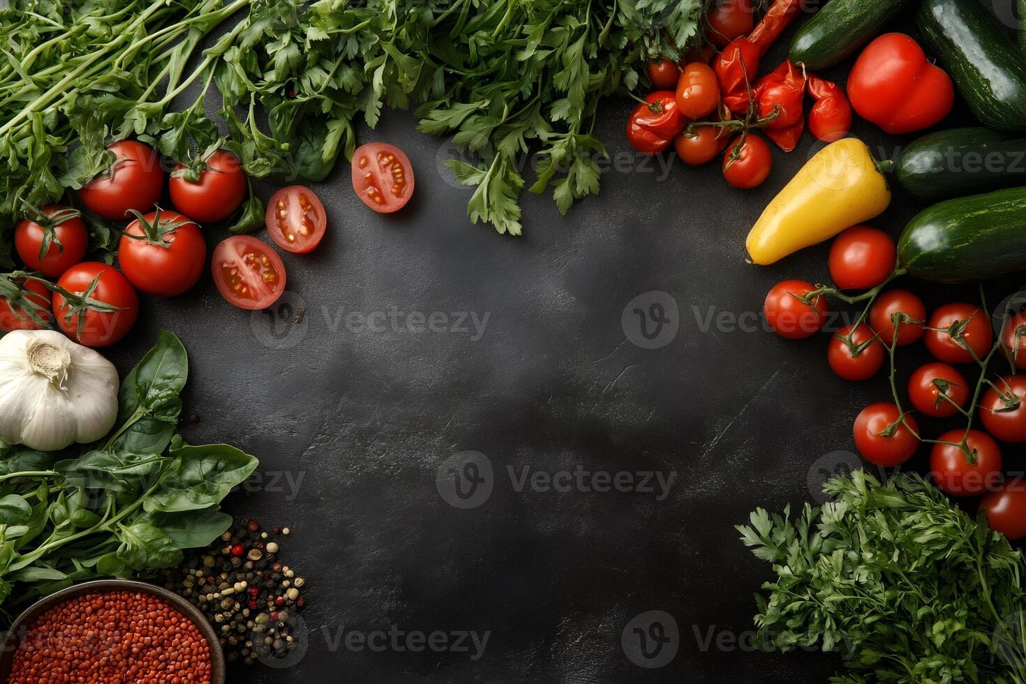 Fresh vegetables and herbs creating a frame on dark background photo