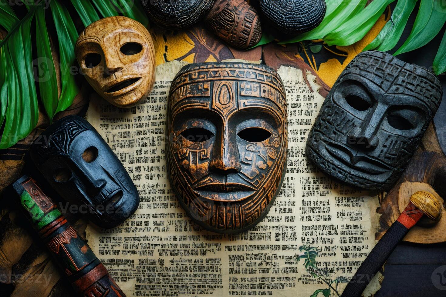 Mayan masks resting on ancient manuscript with tropical leaves photo