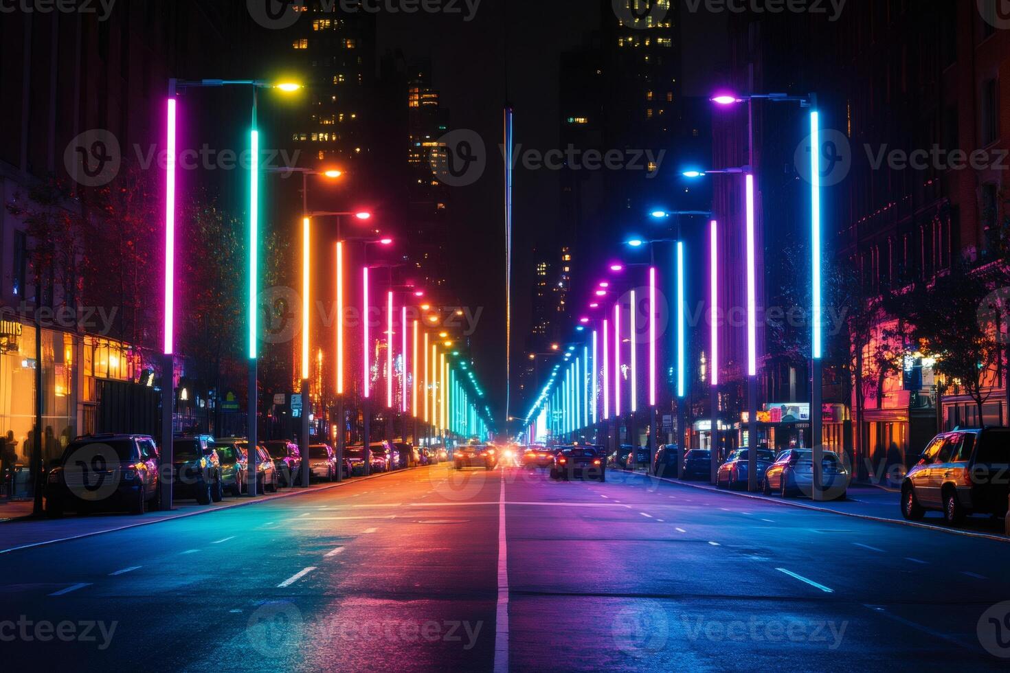 Colorful illuminated street lights creating a vibrant urban nightscape photo