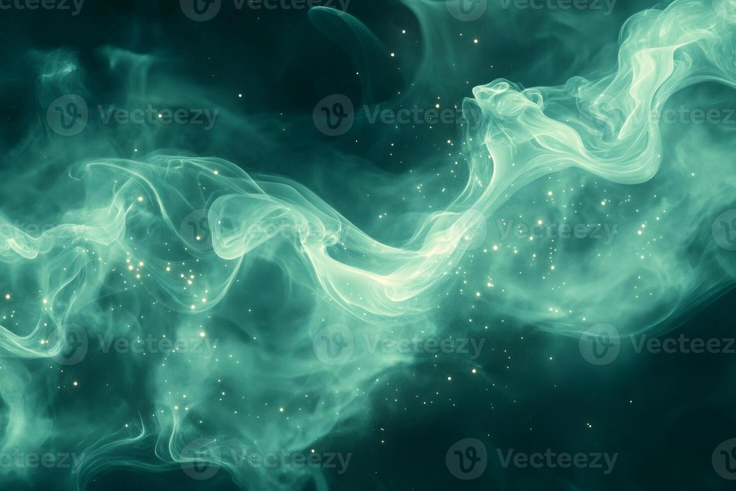 Green abstract smoke forming a wavy pattern with sparkling particles photo