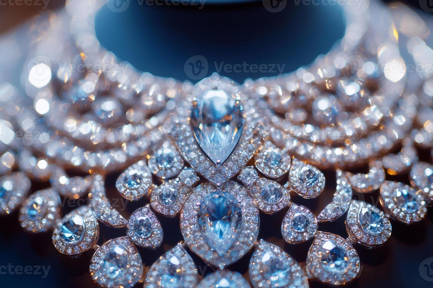Luxury diamond necklace shining brightly on dark background photo