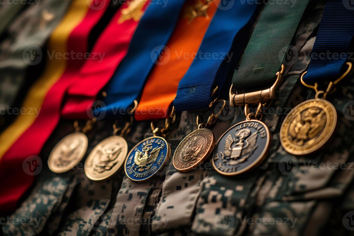 Military medals hanging on camouflage uniform representing valor and sacrifice photo