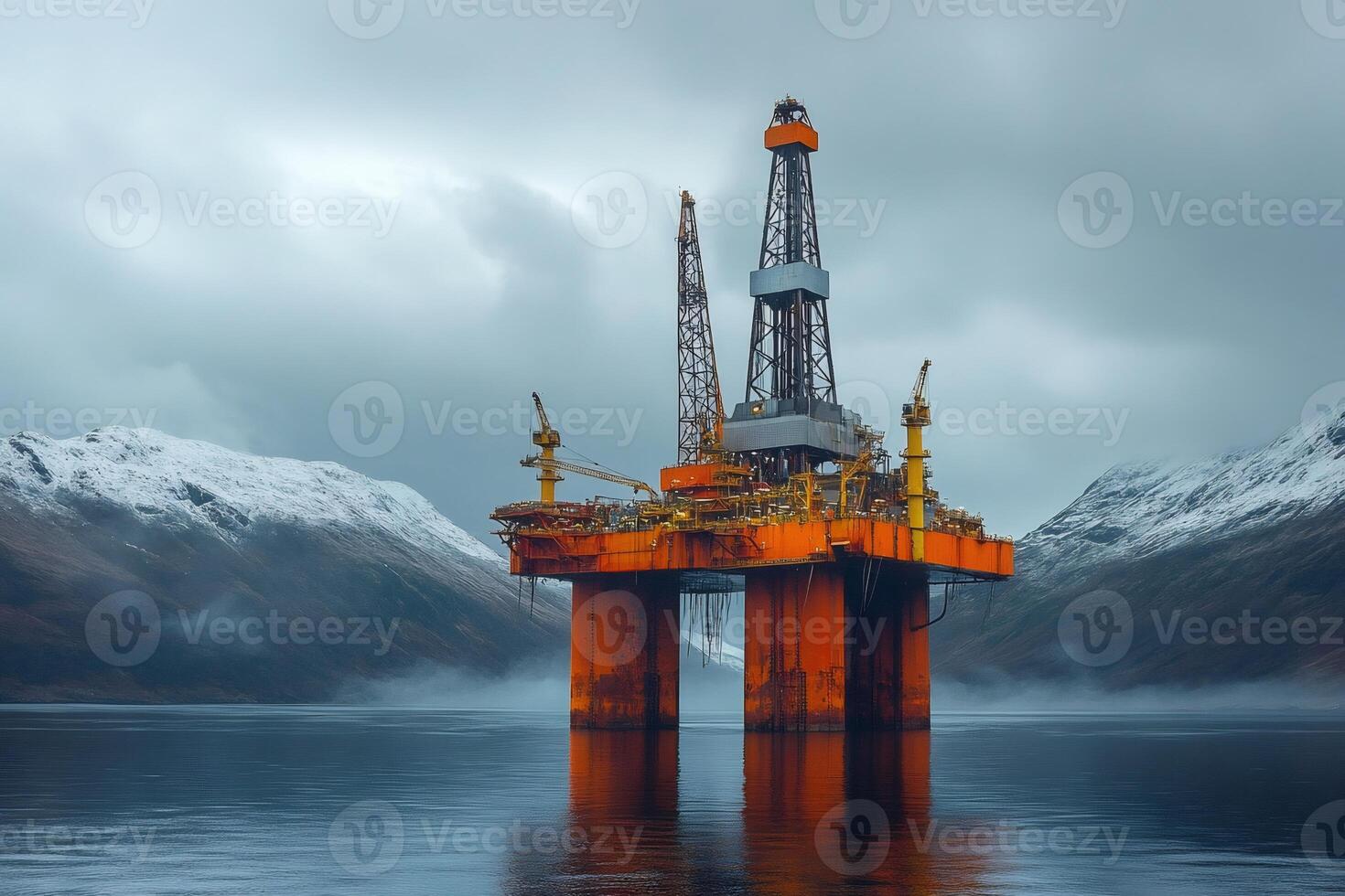 Offshore oil rig extracting petroleum in a fjord with snowy mountains in the background photo