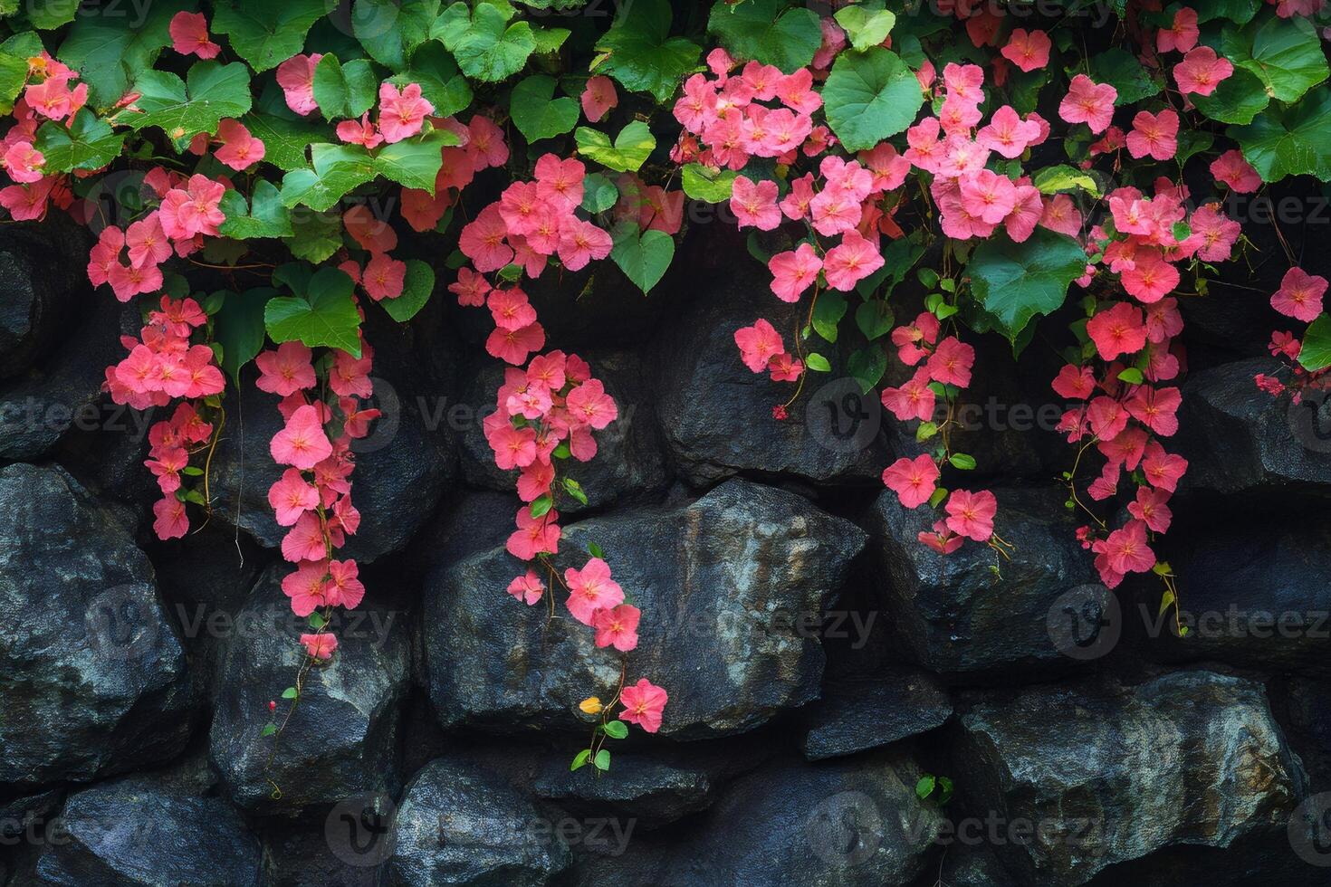 Pink flowers cascading over a stone wall photo