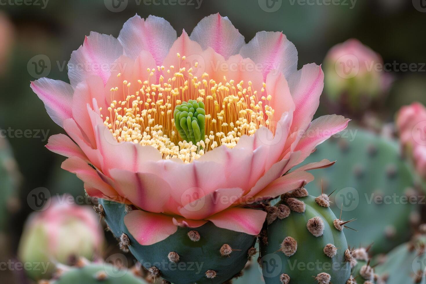 Blooming pink cactus flower showing pistil and stamens photo