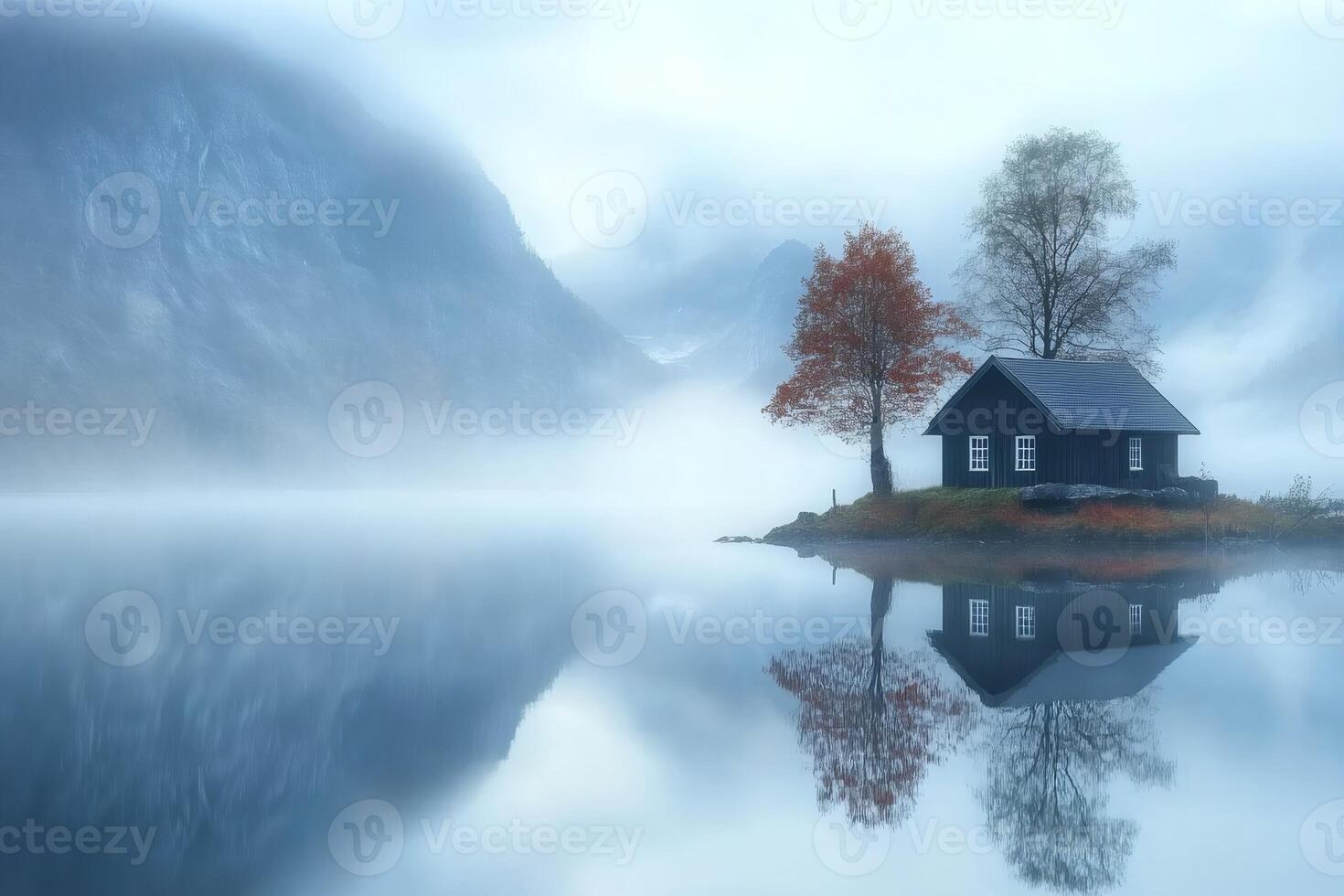 Small wooden house reflecting on a misty lake in the austrian alps during autumn photo