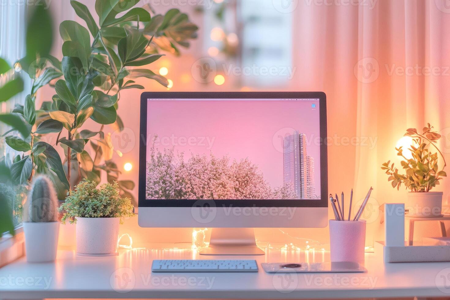 Cozy home office setup with computer and plants in warm lighting photo