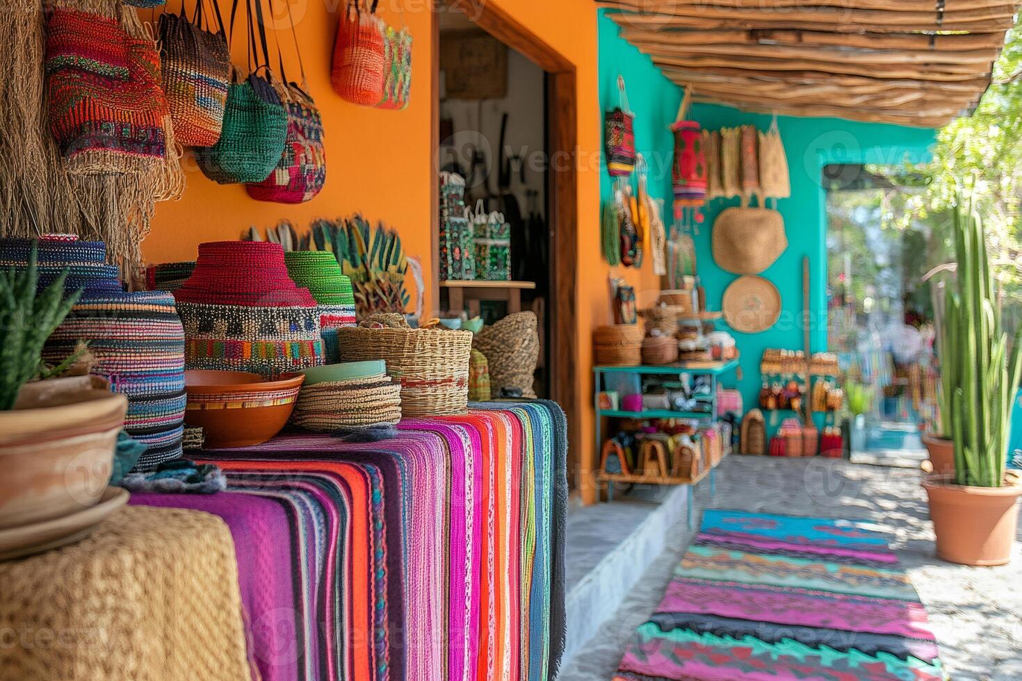 Colorful mexican blankets and handcrafted bags displayed outside a traditional shop photo