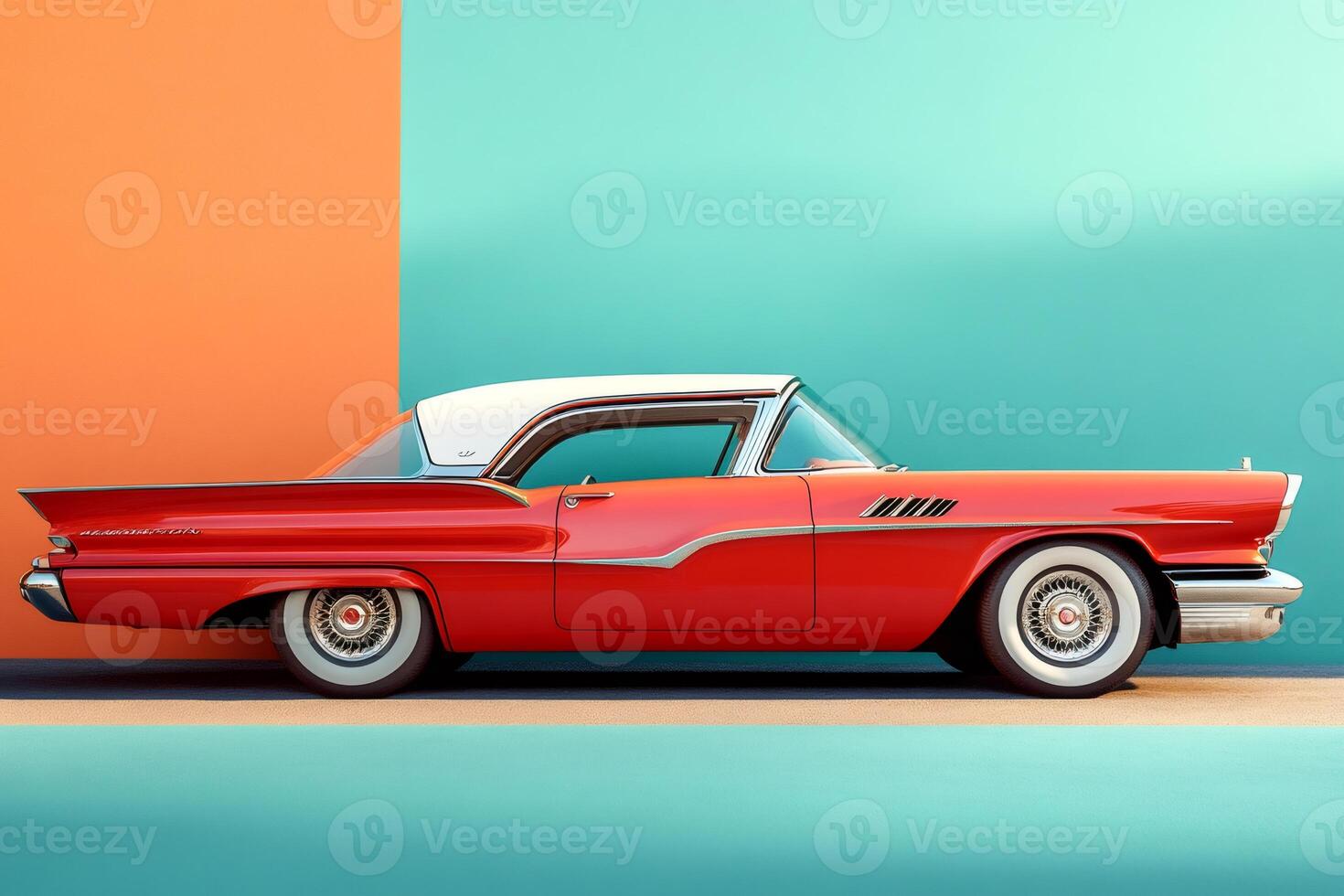 Red and white classic car parked in front of colorful wall photo