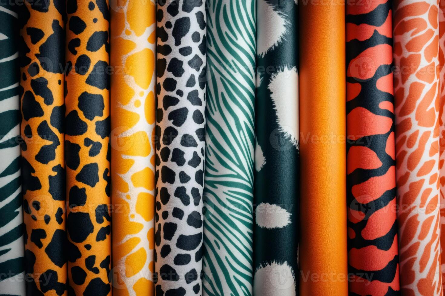 Colorful fabrics showing various animal prints creating a lively display photo