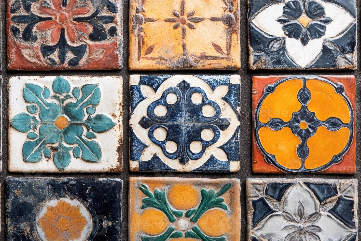 Colorful vintage ceramic tiles showing floral patterns creating beautiful textures photo