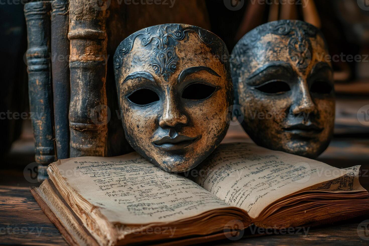 Two ancient theatrical masks resting on open book with antique script photo