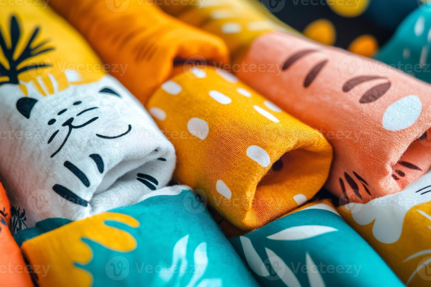 Colorful rolled clothes showing modern prints for children fashion photo
