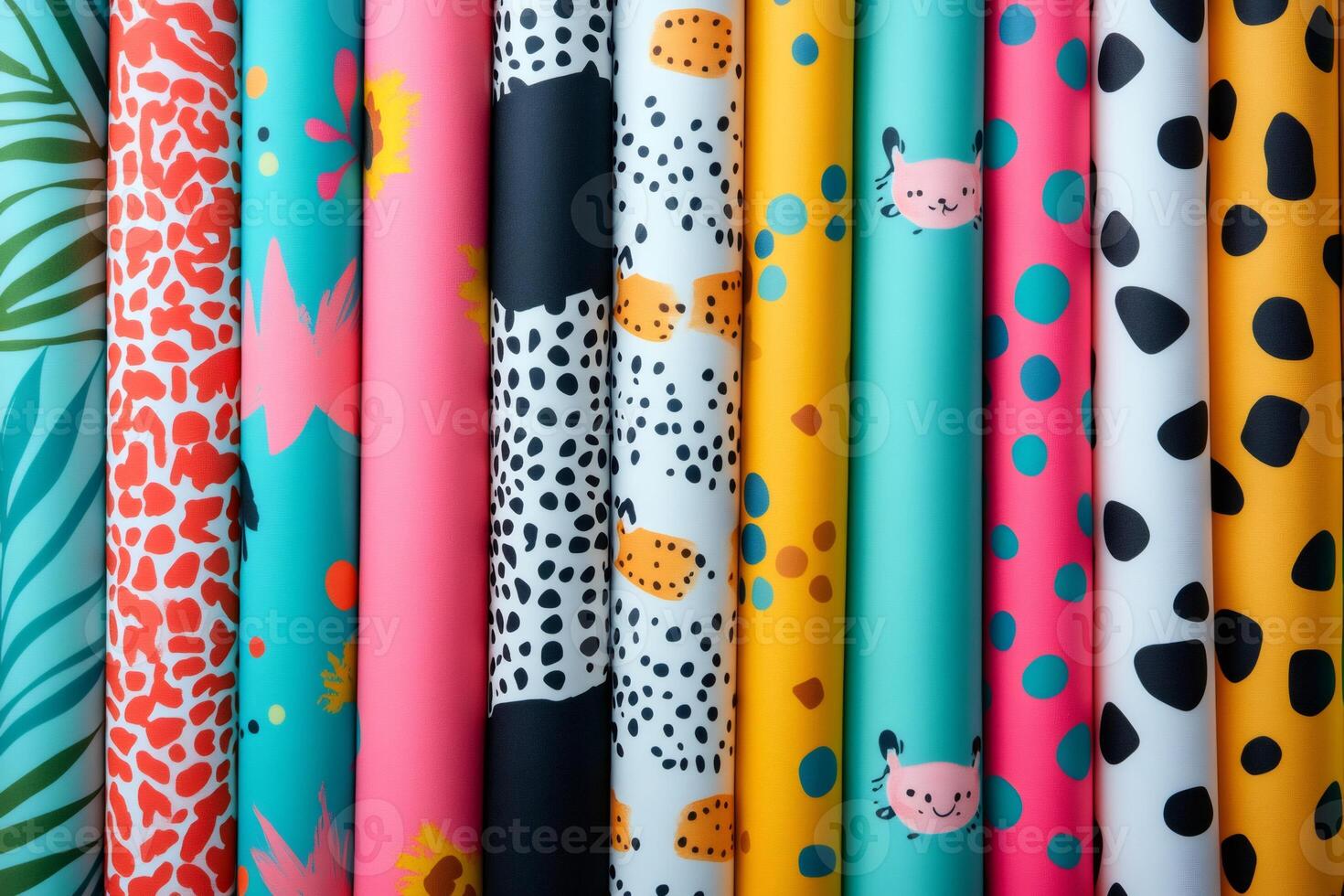 Colorful wrapping paper rolls showing various designs and patterns photo
