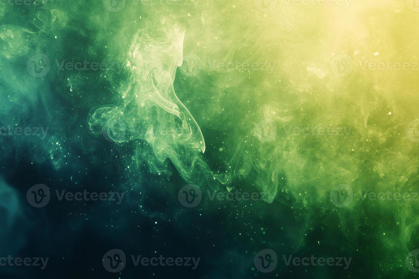 Green smoke creating magical nebula clouds with glitter effect photo