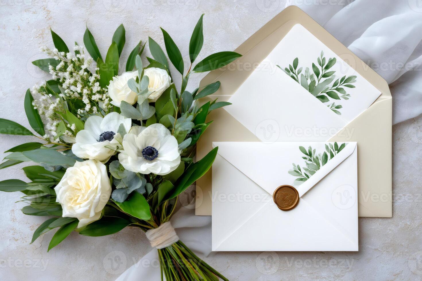 Wedding bouquet of white flowers with invitation and envelope decorated with greenery photo