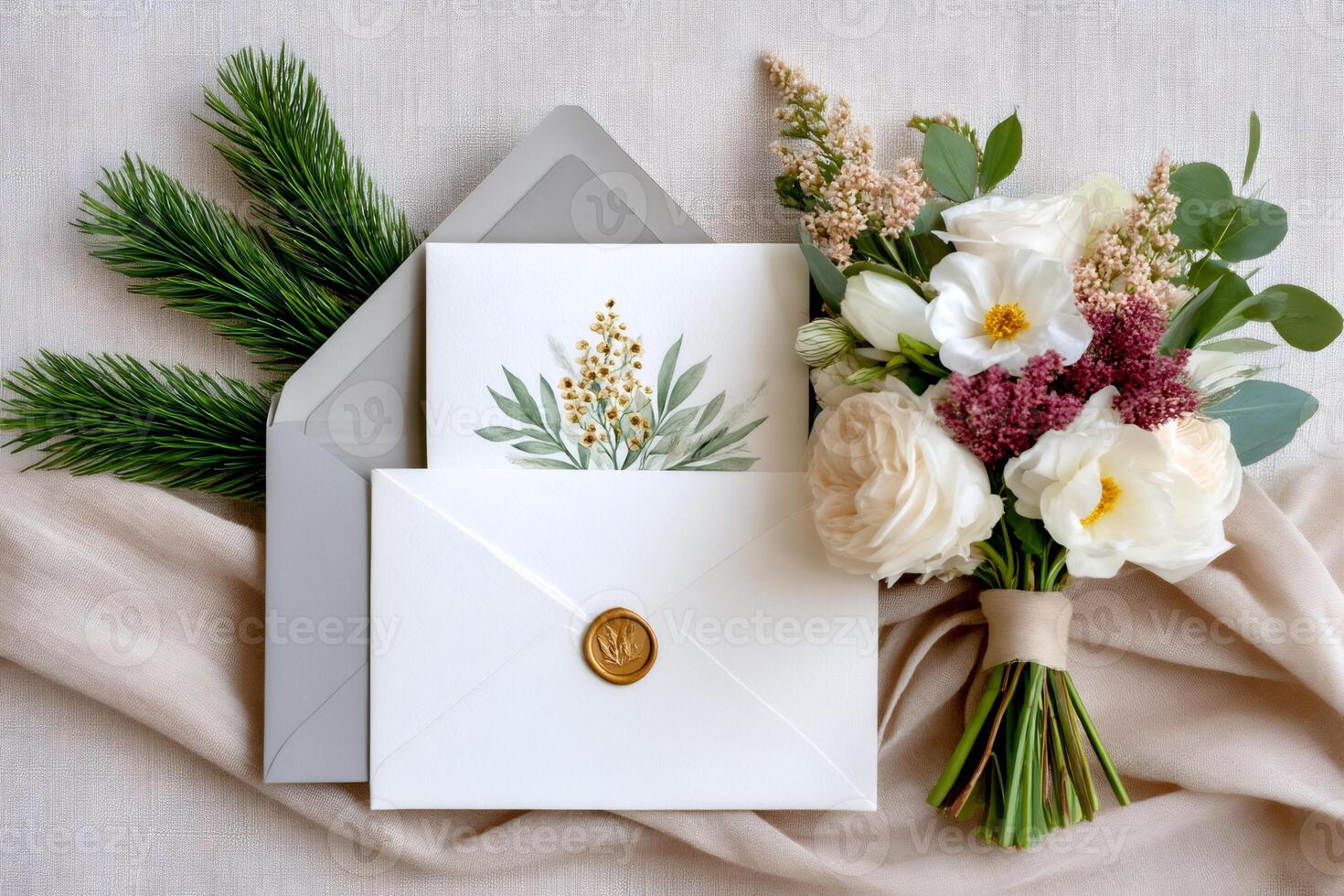 Wedding invitation with wax seal, bouquet and fir branches lying on beige fabric photo
